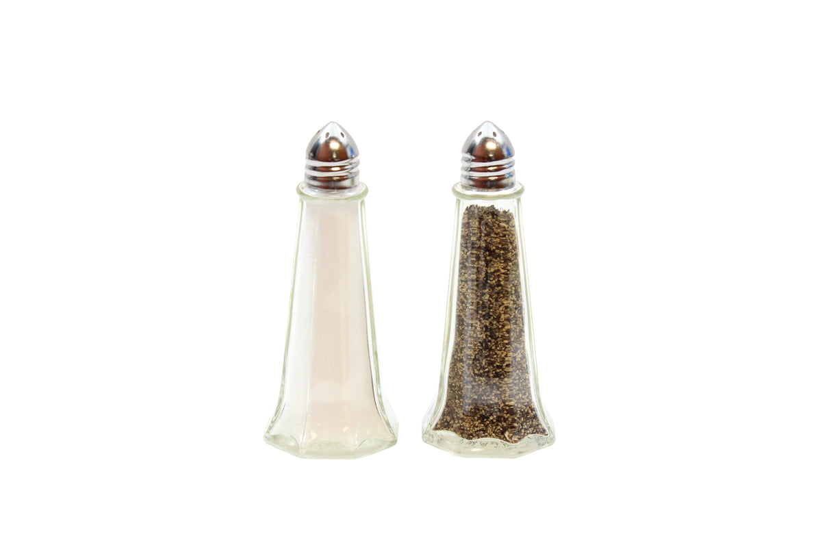 Two tall, clear glass shakers with nickel plated tops are shown. The left is a glass salt shaker with white salt; the right holds black pepper. Both have a classic, simple Eiffel Tower Salt/Pepper Shaker design on a white background.