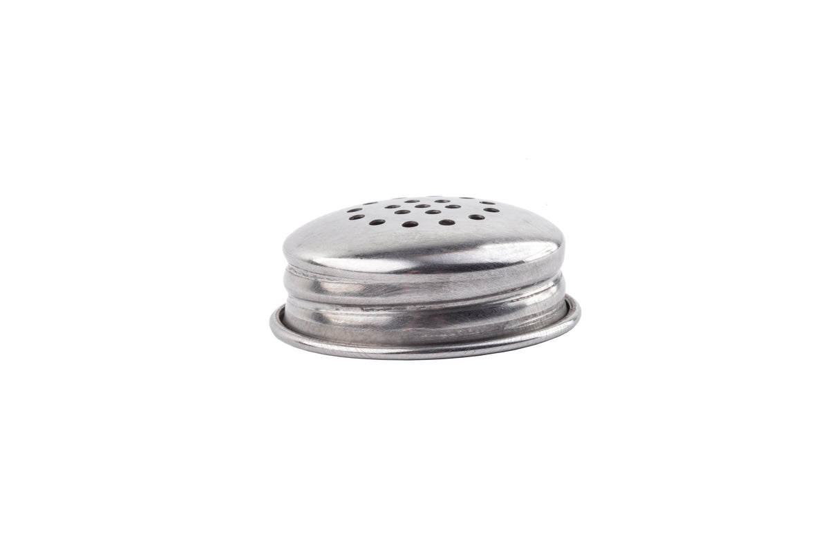 A small, round, stainless steel replacement shaker top with multiple holes is centered on a white background. The slightly domed lid with ridged sides resembles the classic top of a salt and pepper shaker.