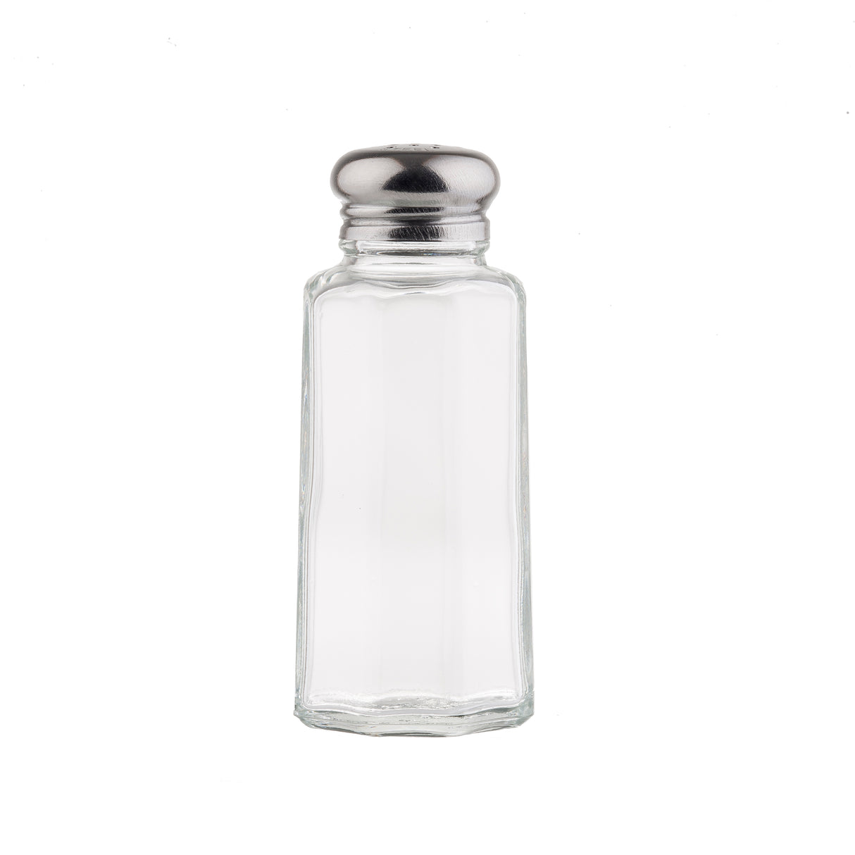 A clear glass salt shaker with a stainless steel top, displayed upright against a plain white background. The simple, faceted design fits perfectly among classic salt & pepper shakers and the container is empty.