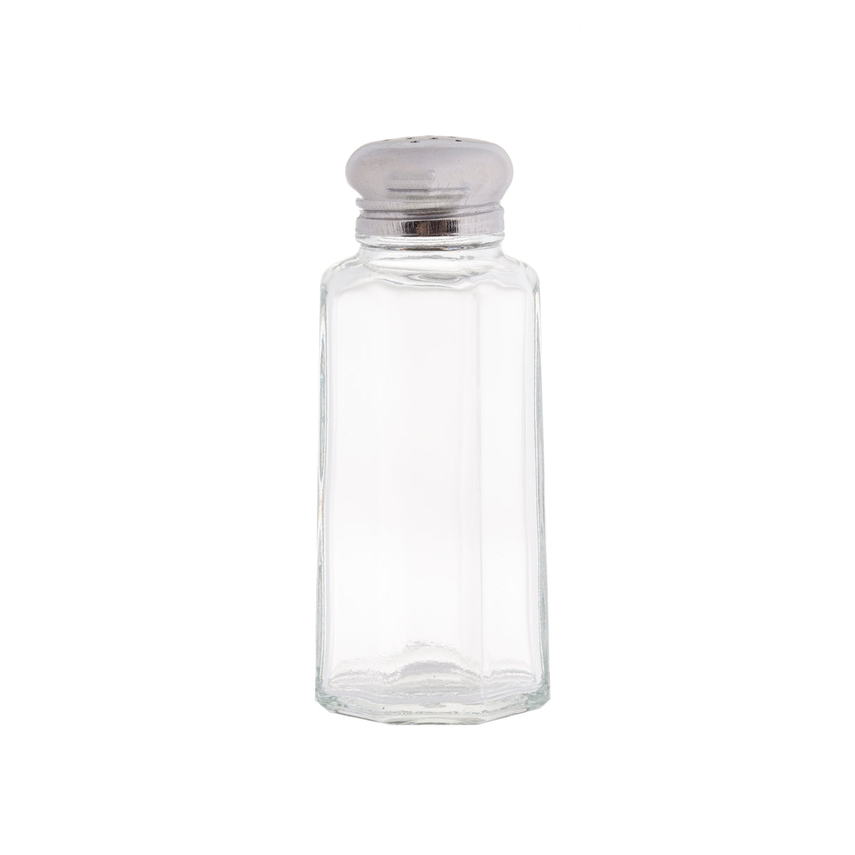 A clear, empty salt and pepper shaker with stainless steel top featuring small holes. The bottle has straight sides and a paneled glass, hexagonal base. It stands upright against a plain white background.