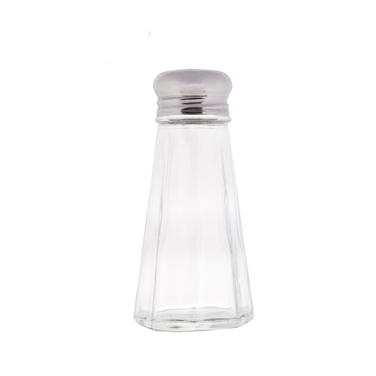 A clear, paneled glass salt/pepper shaker with a stainless steel screw-on lid. The shaker features a slightly tapered, hexagonal shape and is photographed against a plain white background.