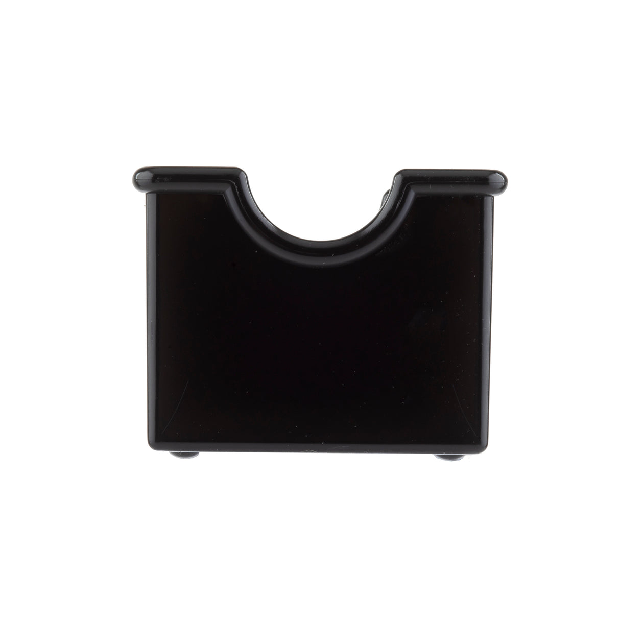 A small, black, rectangular plastic object with a curved notch at the top center, photographed against a plain white background. This TableCraft Sugar Packet Rack features a smooth, glossy surface and is dishwasher safe for easy cleaning.