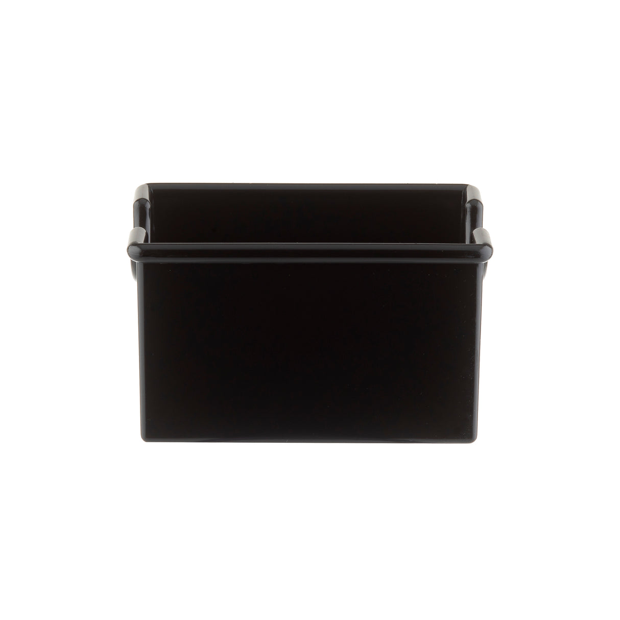 A rectangular, black, plastic Sugar Packet Rack by TableCraft is shown against a white background. The container has a smooth surface, slightly raised edges, rounded corners, and an open top. It is also dishwasher safe for easy cleaning.