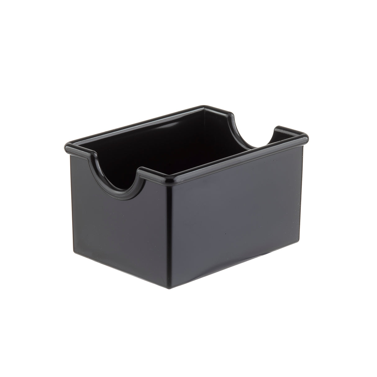 A black, rectangular plastic Sugar Packet Rack with smooth sides and two semi-circular cutouts on opposite top edges for easy access. This glossy, dishwasher safe box from TableCraft Products appears empty, set against a plain white background.