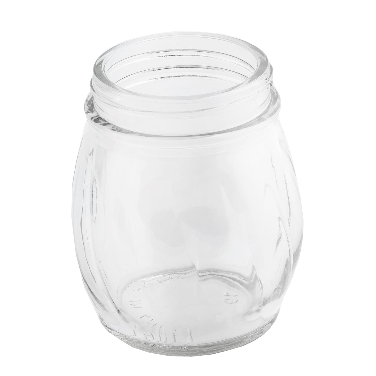 A clear, empty glass jar is shown upright on a white background. With a wide mouth and gentle vertical ridges, this 6 oz replacement jar resembles swirl glass shakers and is transparent, clean, and free of any labels or markings.