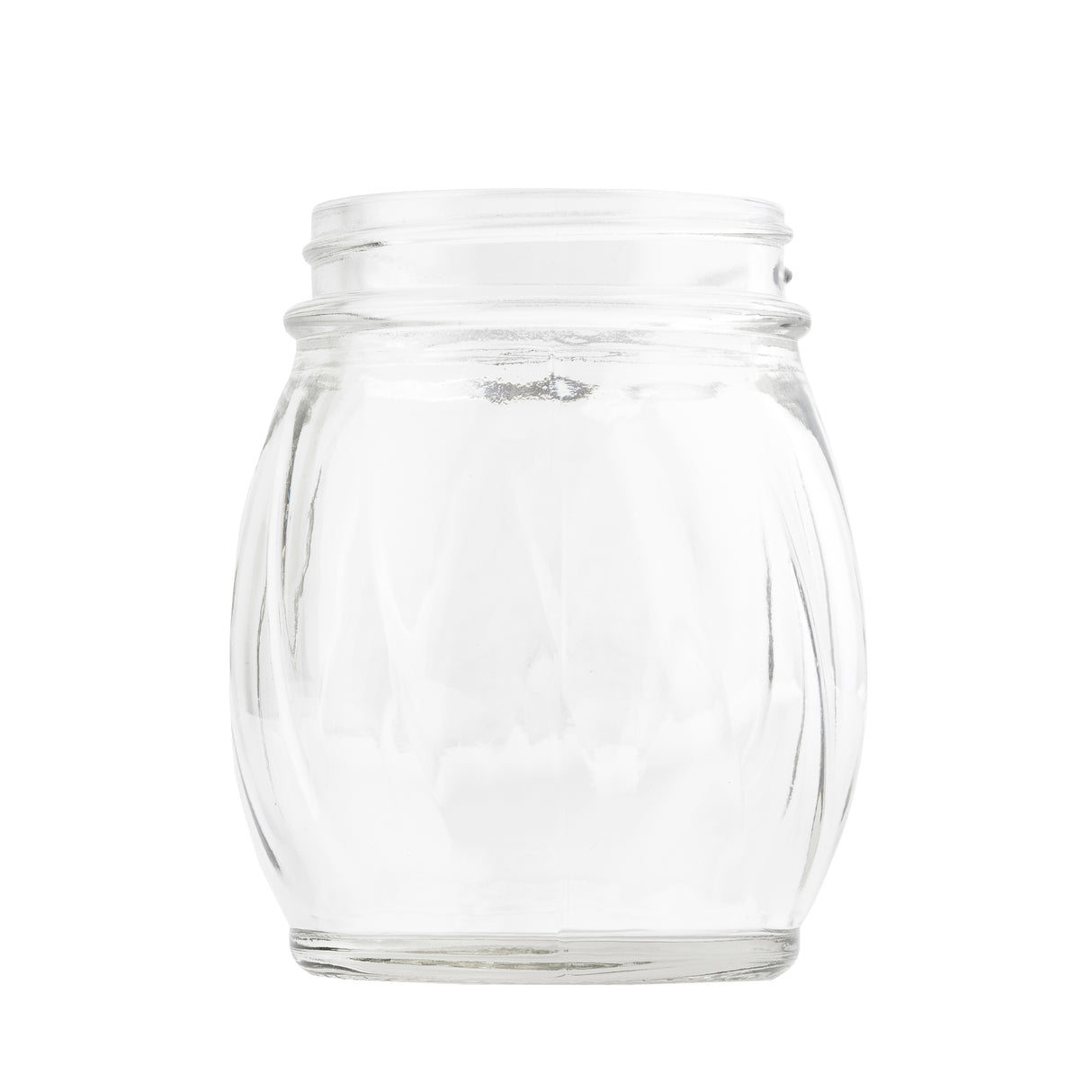 A clear, empty 6 oz glass replacement jar with a wide mouth and subtle vertical ridges sits against a plain white background. This cylindrical jar, inspired by classic swirl glass shakers, has slightly rounded sides and no lid.