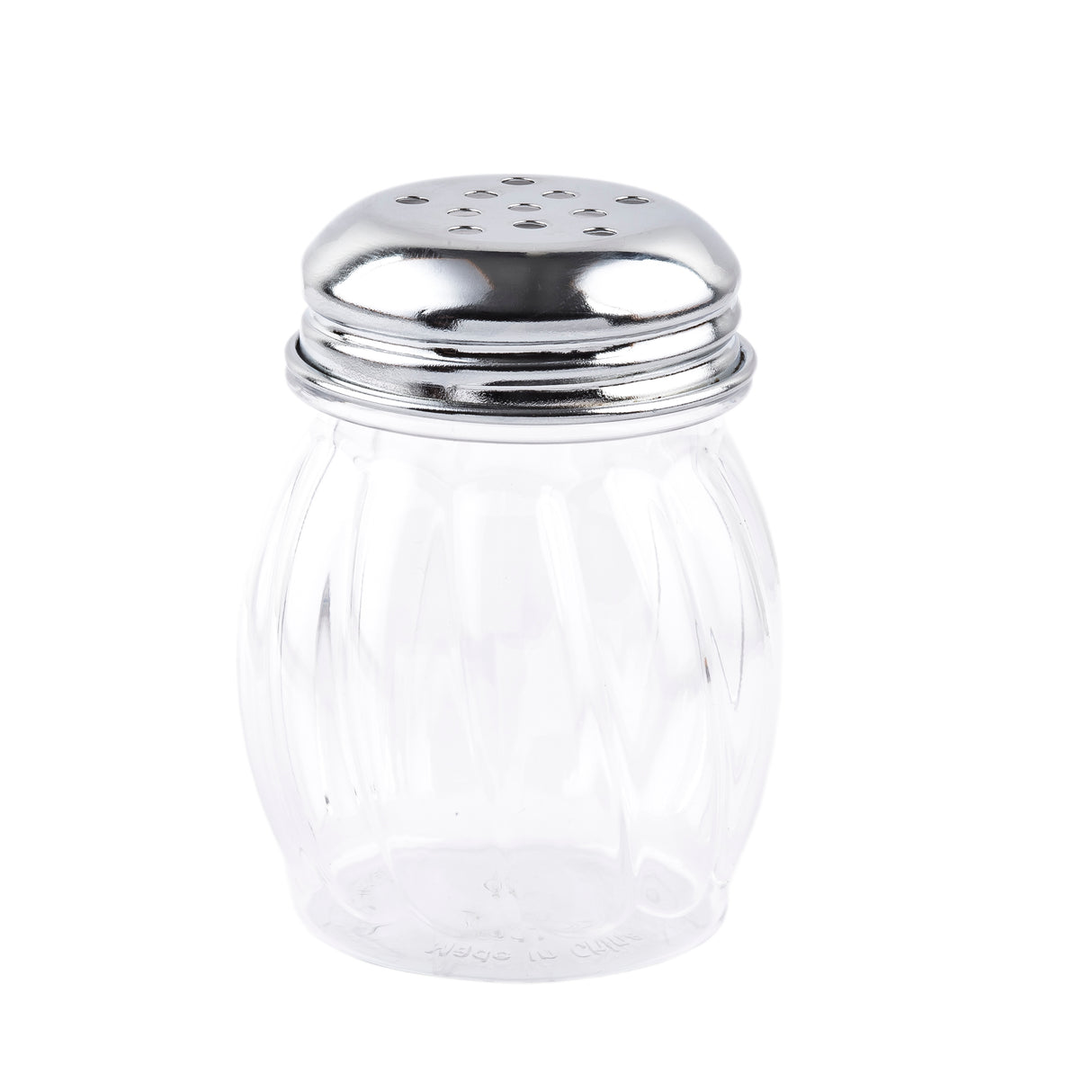 A clear, 6 oz swirl glass shaker with a ribbed design and shiny metal lid featuring small holes for dispensing. This replacement jar is empty and sits upright on a white background.