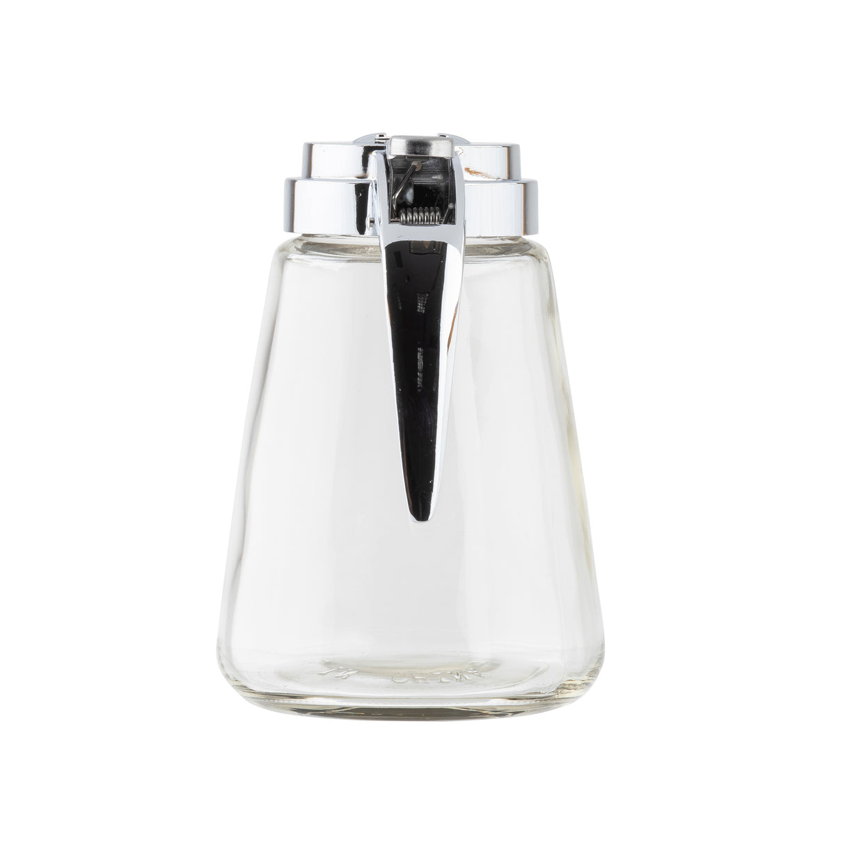 A modern glass dispenser with a 12 oz capacity, featuring a wide base and tapering top. It has a chrome plated metal top with a black lever for pouring. The empty dispenser is isolated on a white background.