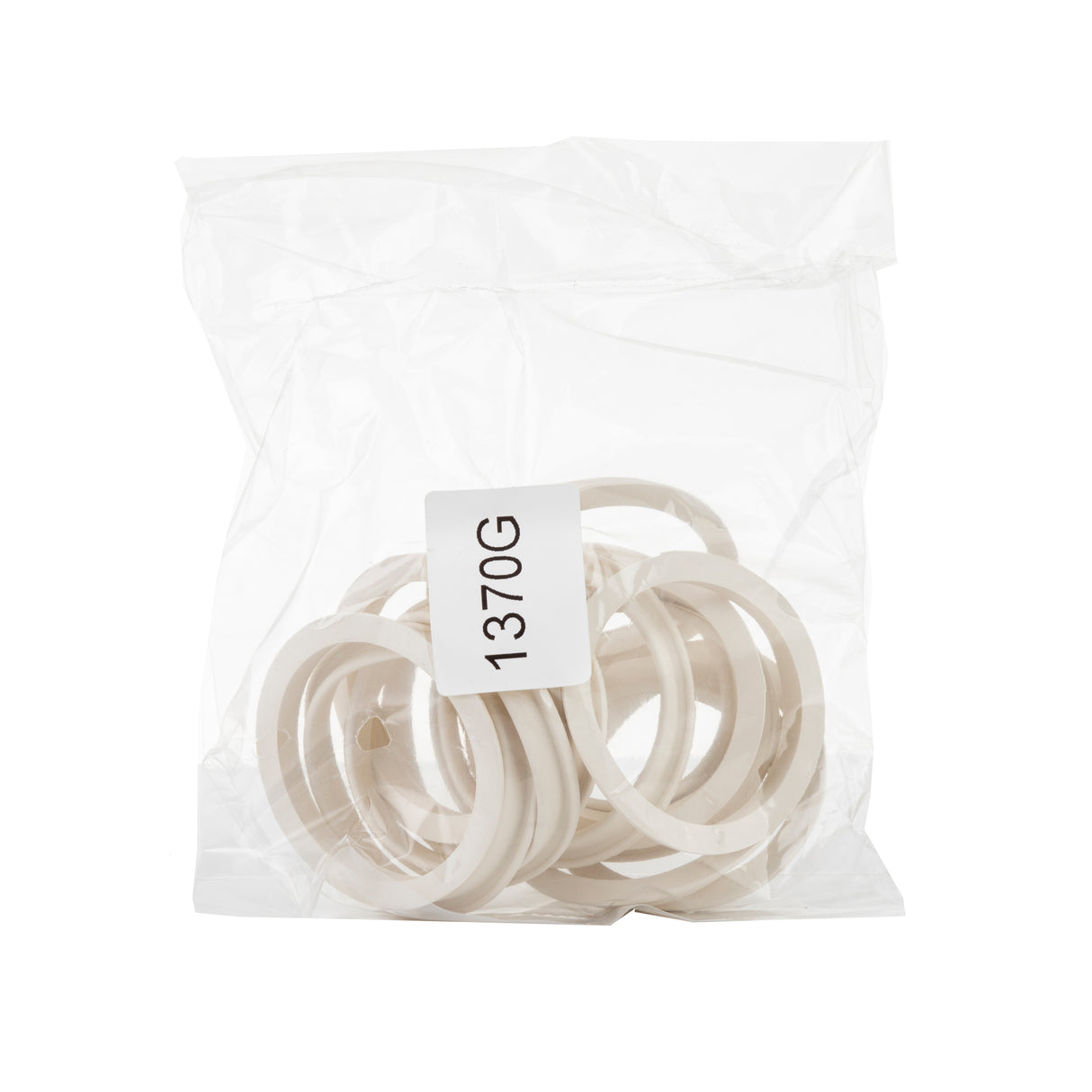 A clear plastic bag containing several off-white rubber rings, labeled with code 1370G, is shown against a plain white background. These are TableCraft Products Dispenser Gasket parts and are dishwasher safe for easy cleaning.