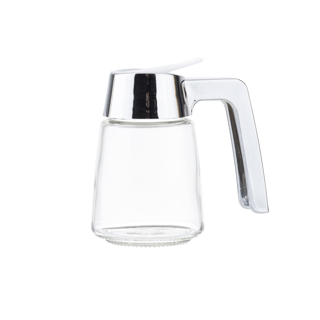 A modern glass dispenser with a wide base, chrome plated lid, and a large, shiny metal handle. The lid features a white lever for easy pouring. This stylish container is dishwasher safe and stands empty against a plain white background.
