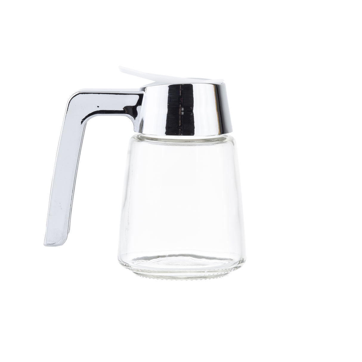 A Modern Glass Dispenser with a chrome plated lid and handle, featuring a white lever for easy pouring. The clear container is empty, dishwasher safe, and set against a plain white background.