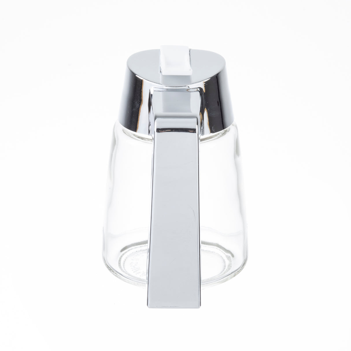 A Modern Glass Dispenser with a chrome plated lid and handle is centered on a white background. The handle and spout are aligned, with a lever for pouring. Dishwasher safe, the empty container is clean with no labels or markings visible.