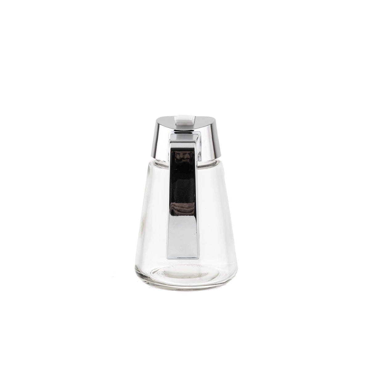 A 12 oz. Modern Glass Dispenser with a metal lid and levered spout. The clear, dishwasher safe container tapers at the top and bottom and sits centered on a plain white background, empty.