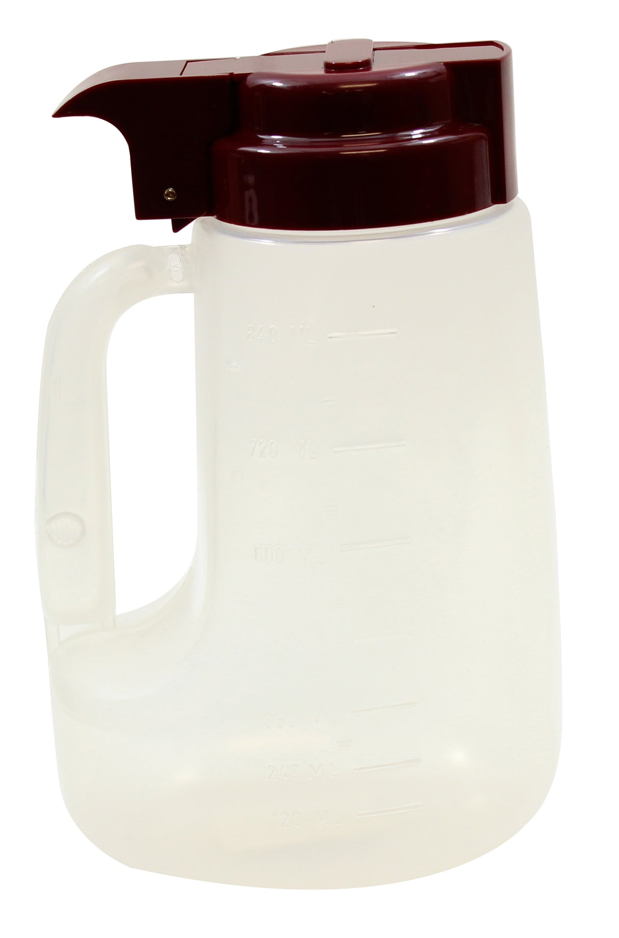 A translucent plastic syrup dispenser with a molded handle and a dark maroon TableCraft dispenser top. Faint measurement markings are visible, and the dishwasher safe container stands upright against a white background.