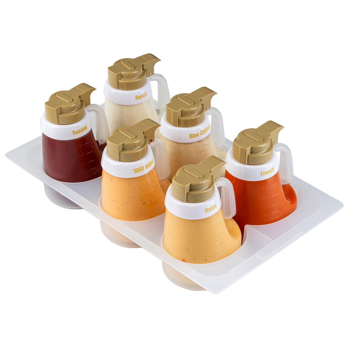Six plastic syrup-style dispensers with gold lids and labeled handles sit in a plastic tray. This Salad Dressing Dispenser Set includes French, 1000 Island, Blue Cheese, Ranch, and more. All pieces are dishwasher safe for easy cleanup.
