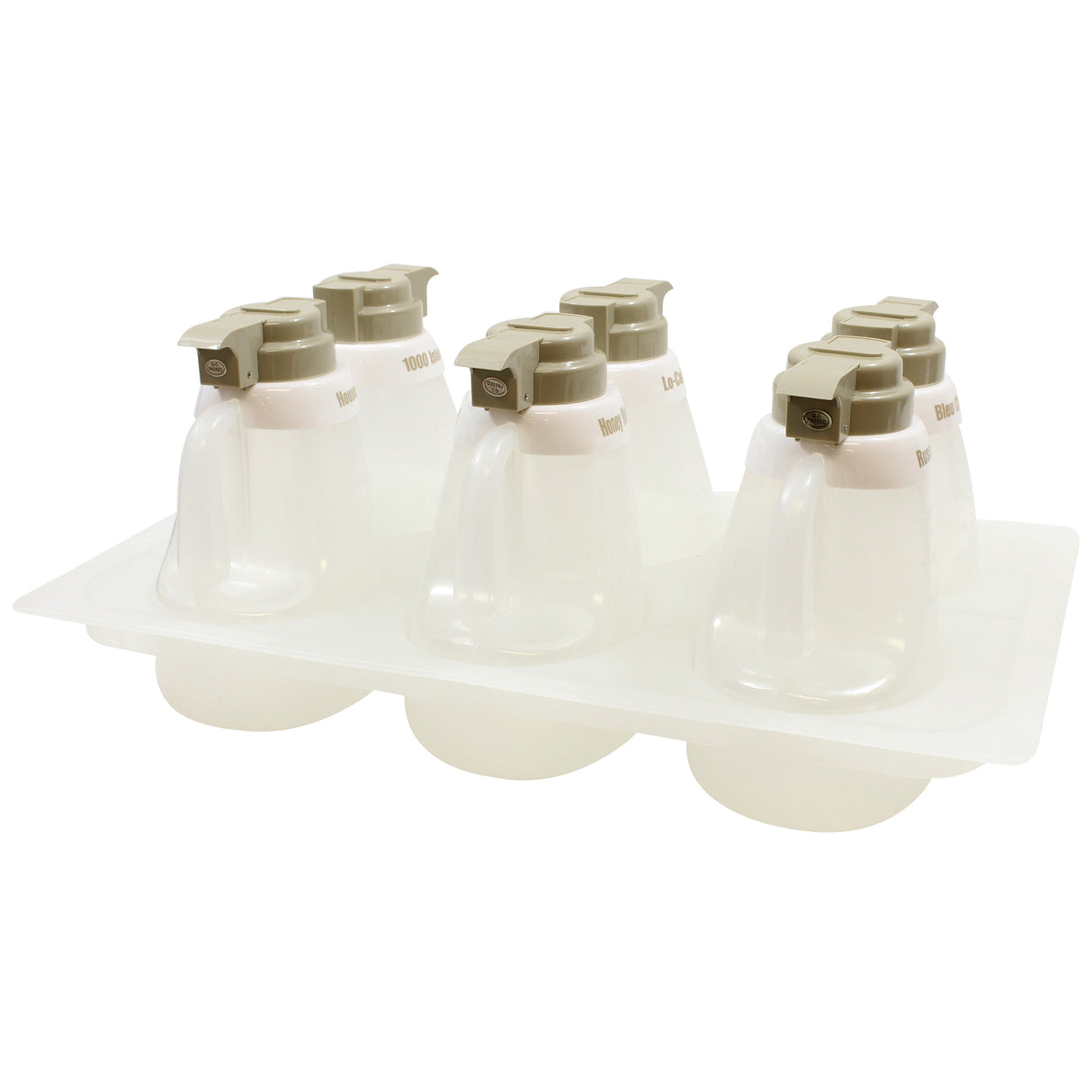 This Salad Dressing Dispenser Set features six clear syrup dispensers with beige lids and flip-top spouts, all arranged on a rectangular plastic tray. Both the dispensers and tray are dishwasher safe for easy cleaning and convenience.