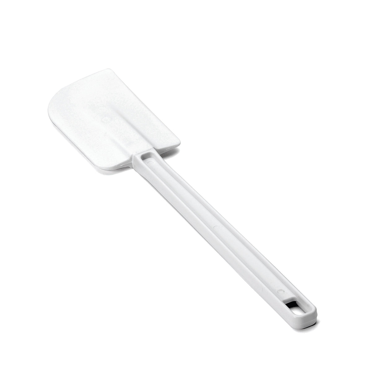 A plain white silicone spatula, BPA free and heat resistant, with a rectangular, slightly curved blade and a long handle featuring a small hole for hanging. Photographed diagonally on a white background, the blade faces upward.
