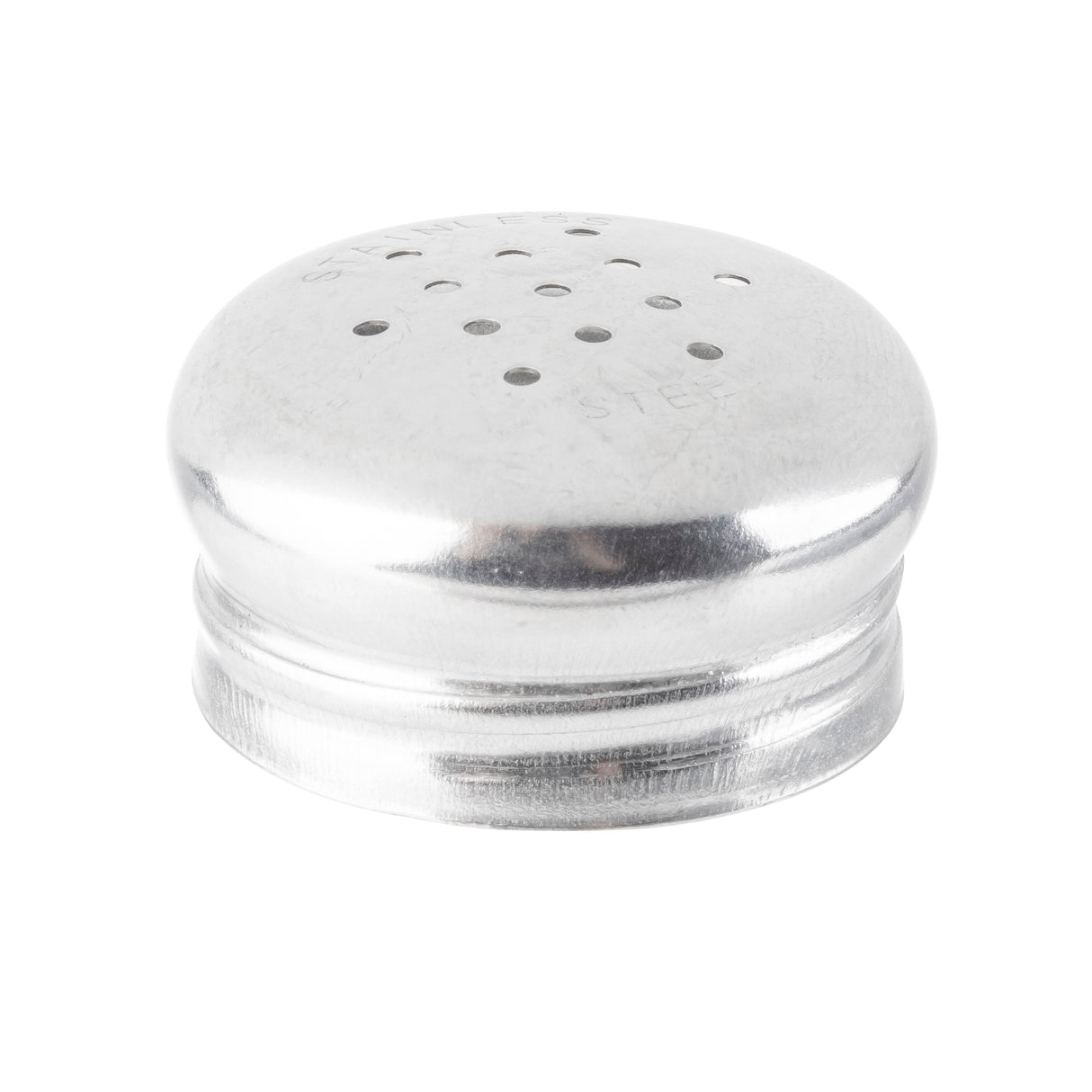 A shiny, round stainless steel replacement shaker top with multiple small holes arranged in a circular pattern on top, resting on a white background. Detachable and dishwasher safe, the lid features a smooth, reflective surface.