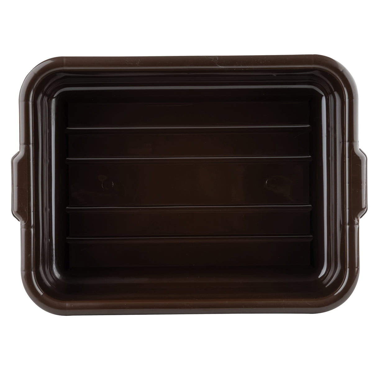 A rectangular, dark brown plastic tote box viewed from above. The stackable container has slightly rounded corners, a smooth rim, and indented horizontal lines on the bottom. Small handles extend from the shorter sides. The background is plain white.