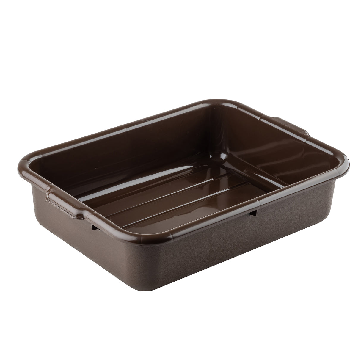 A rectangular, deep brown Tote Box with slightly rounded corners and short, raised sides. Featuring two small handles and a smooth, glossy interior with subtle ridges along the bottom, this stackable tub is also dishwasher safe for easy cleaning.