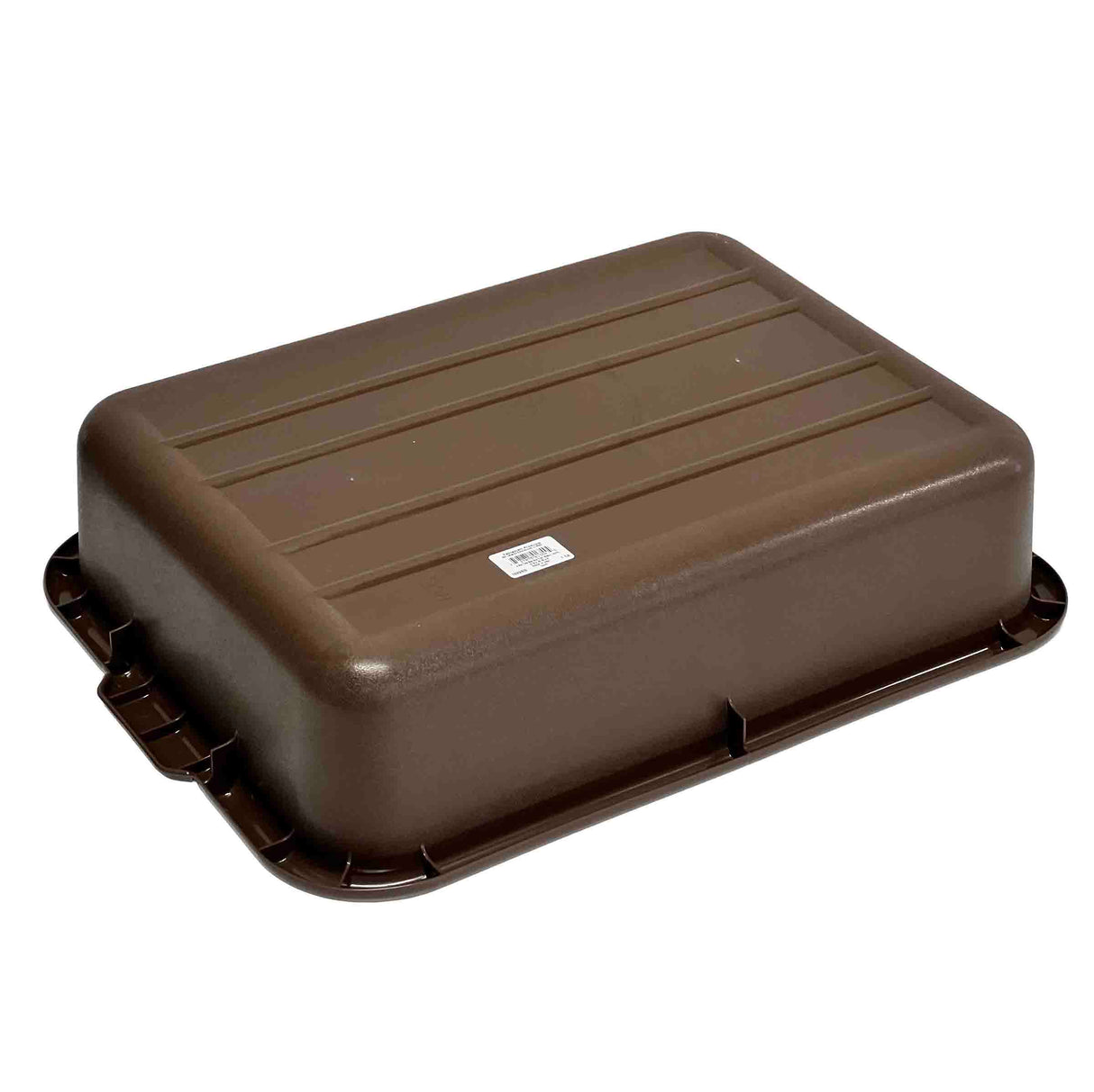 A large, rectangular brown plastic Tote Box with a fitted lid, slightly tapered sides, and a ridged top. Dishwasher safe and stackable, it features a small white label with black text on the lid and sits on a white background.