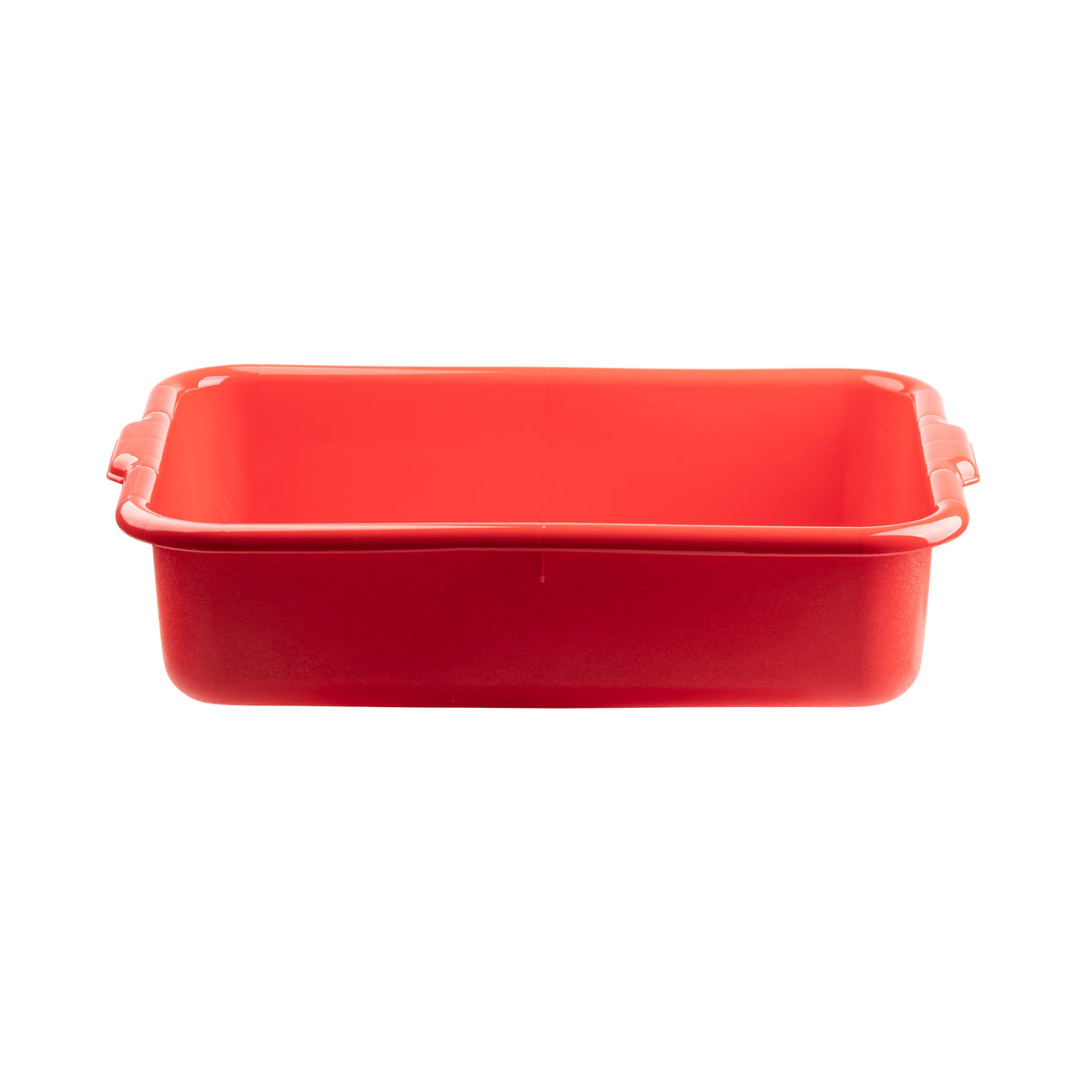 A bright red, stackable tote box made from high density polyethylene, with slightly rounded corners and handles on both sides. Set against a plain white background, the empty bin is viewed from the front, showing its wide opening and smooth surface.