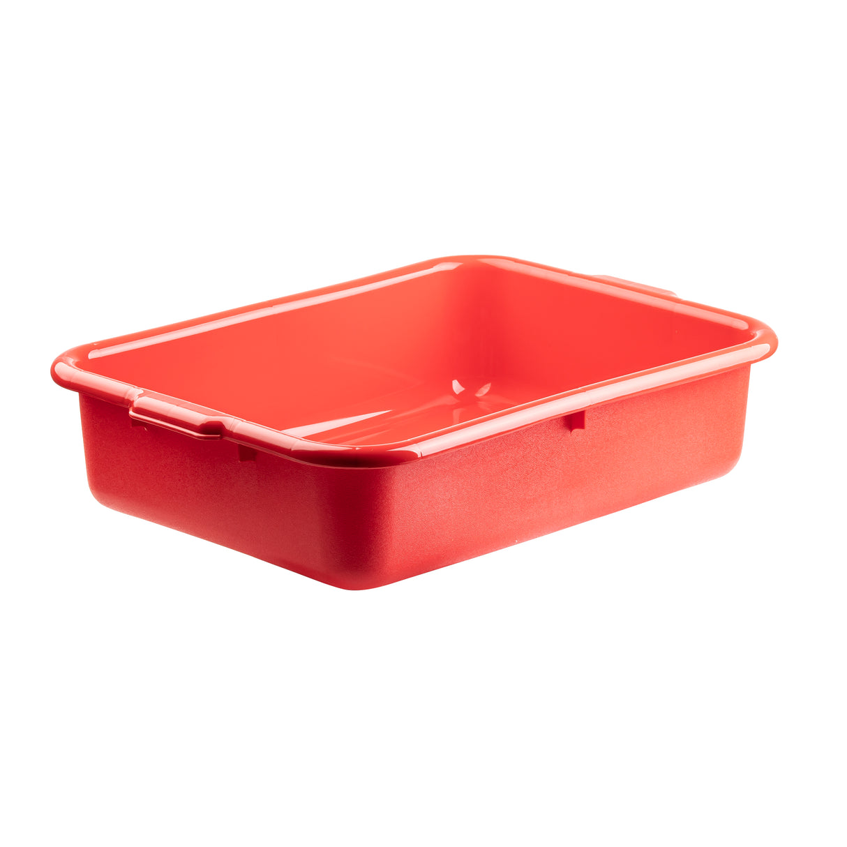 A rectangular, bright red High Density Polyethylene tote box with rounded edges and a smooth surface, shown empty and angled slightly to display both the interior and exterior against a plain white background.