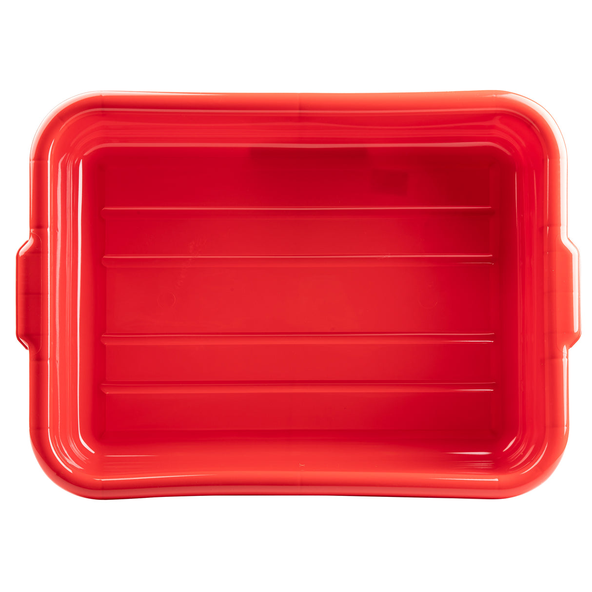 A large, rectangular, bright red stackable tote box viewed from above. Made of high density polyethylene, it has smooth sides, rounded corners, and two handles for easy carrying. The empty interior features horizontal ridges along the bottom.