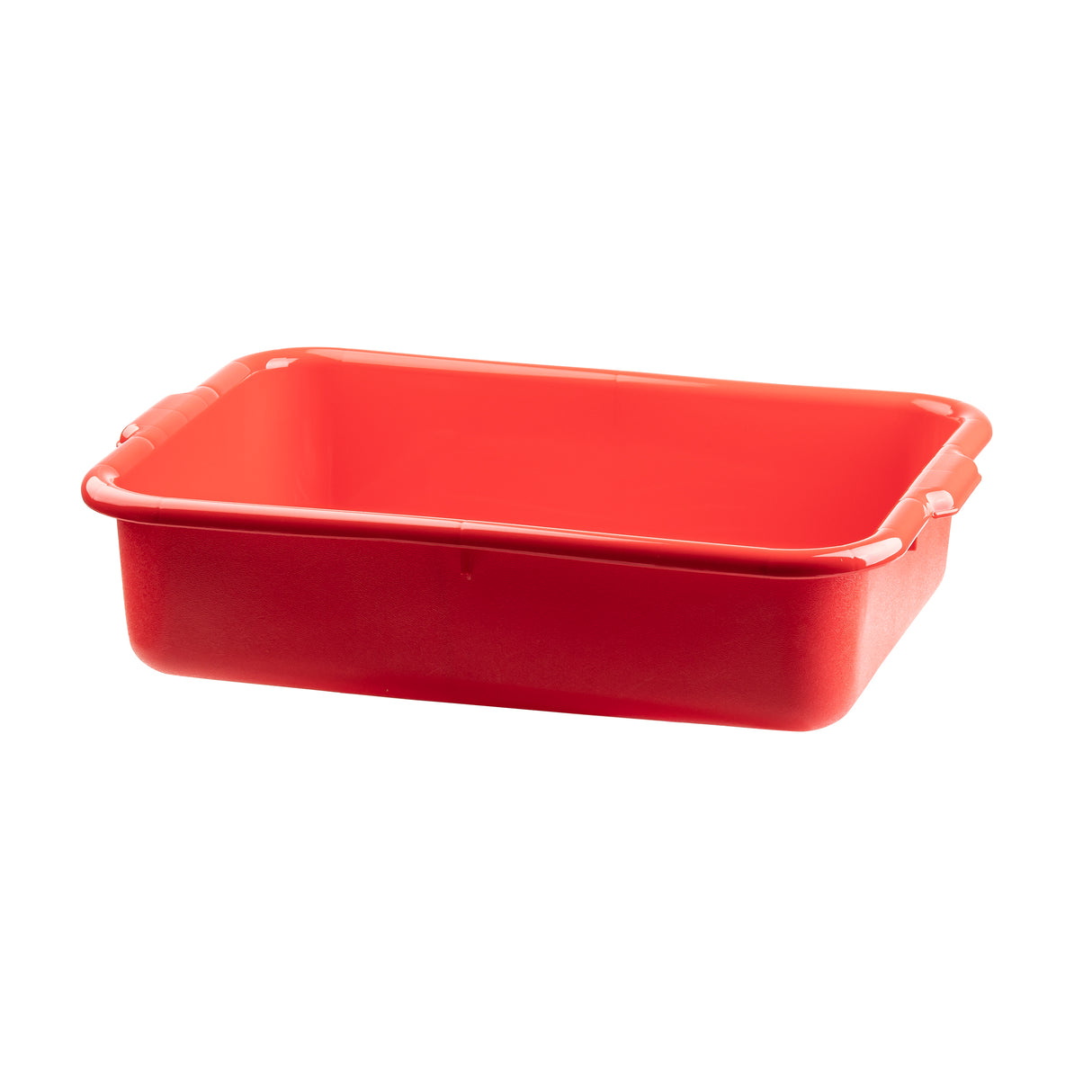 A rectangular, bright red High Density Polyethylene tote box with rounded corners and slightly raised edges, shown on a white background. This stackable tub is empty and has two small handles on opposite sides.