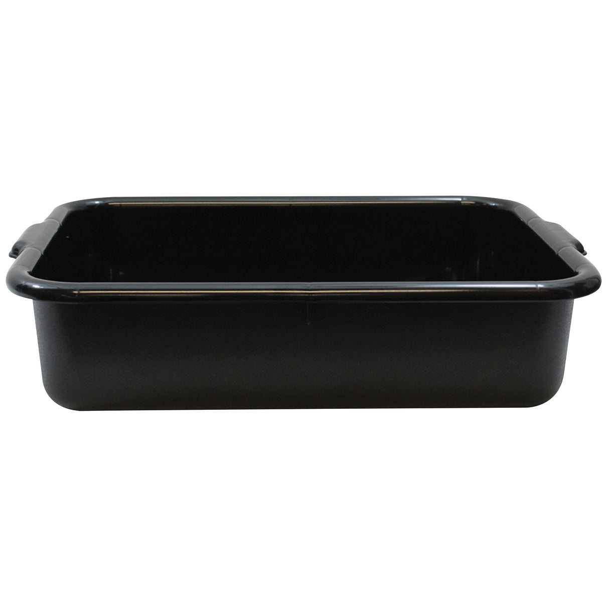 A rectangular, black roasting pan with rounded corners and two small handles on the shorter sides, shown empty against a white background. Made from high density polyethylene, it features a glossy finish and high sides, and is dishwasher safe.
