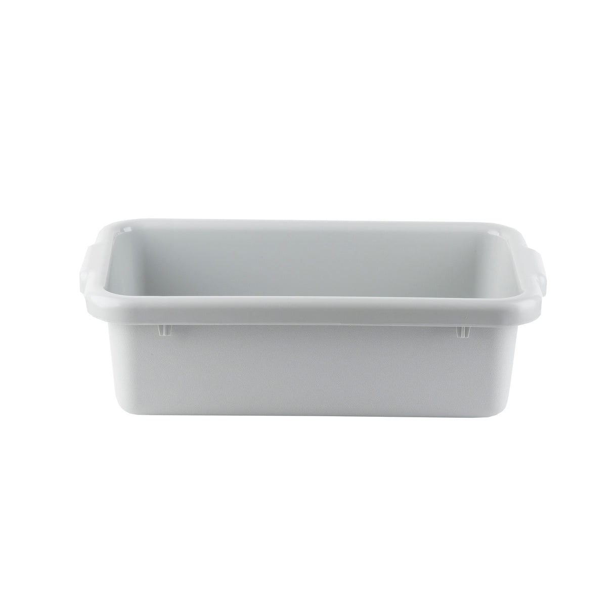 A plain, rectangular, white high density polyethylene storage bin with slightly rounded edges and two small handles on opposite sides sits against a white background. This empty, stackable undercounter box is photographed from the front, showing its depth and simple design.