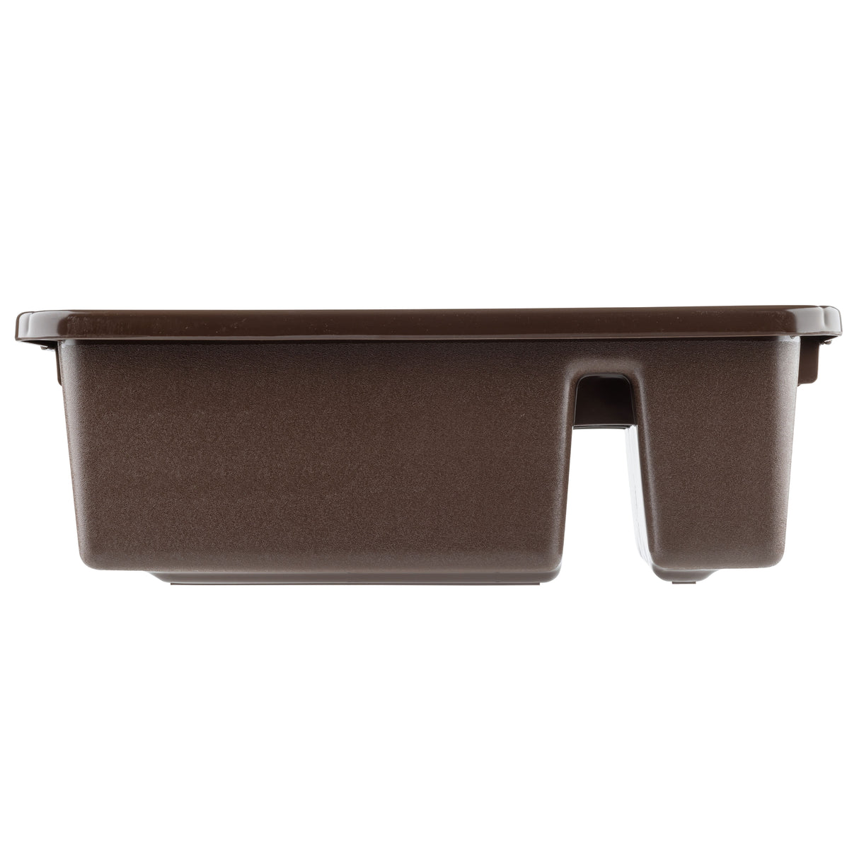 A heavy duty brown plastic Tote Box with a rectangular shape and fitted lid, shown from the side. It features a small, rectangular cut-out at the base, raising part of the bottom. Suitable for storage and dishwasher safe. Plain white background.