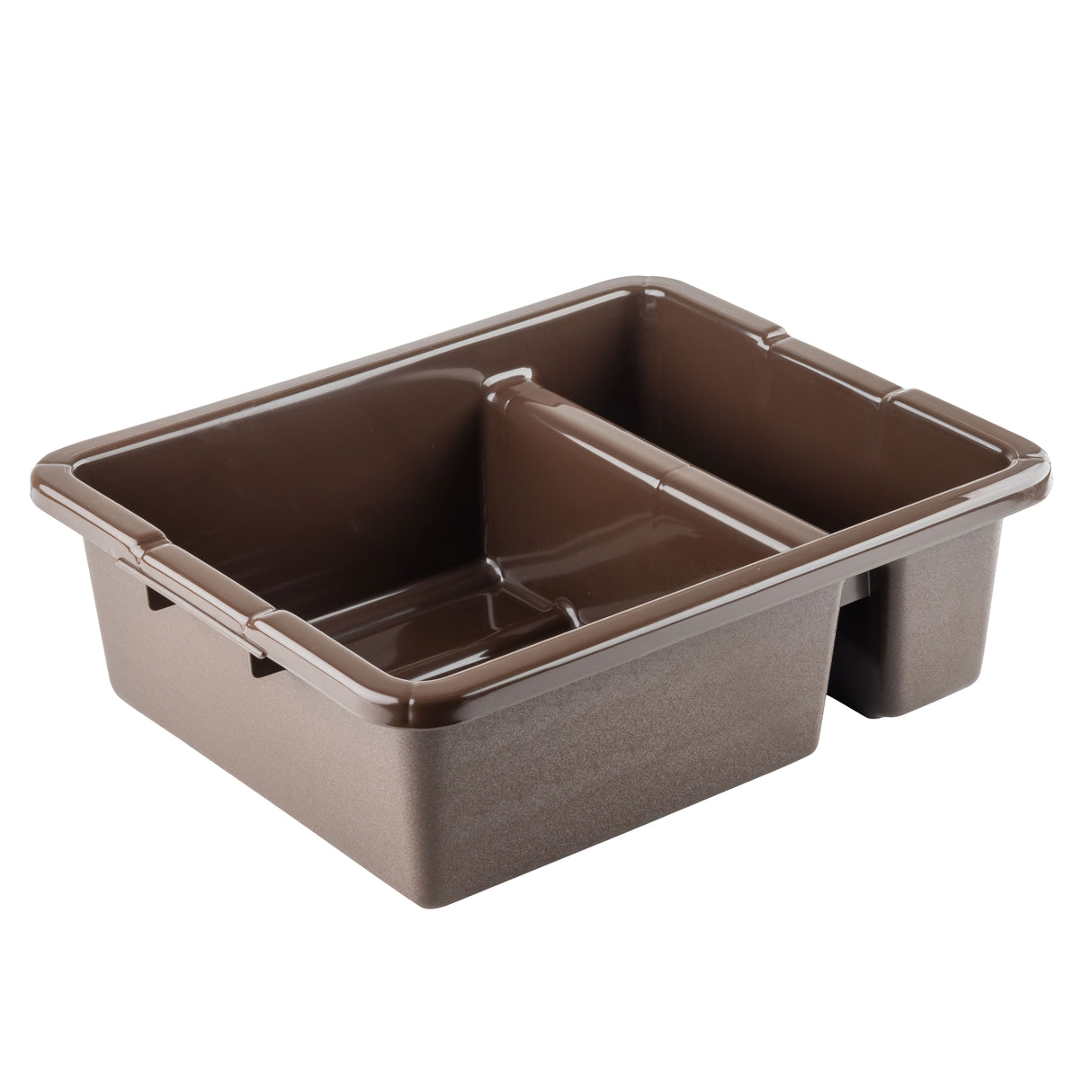 A heavy duty brown plastic Tote Box with two compartments—one larger, one smaller—features reinforced edges, integrated handles on both ends, and a smooth, dishwasher safe surface, perfect for carrying dishes or supplies securely.