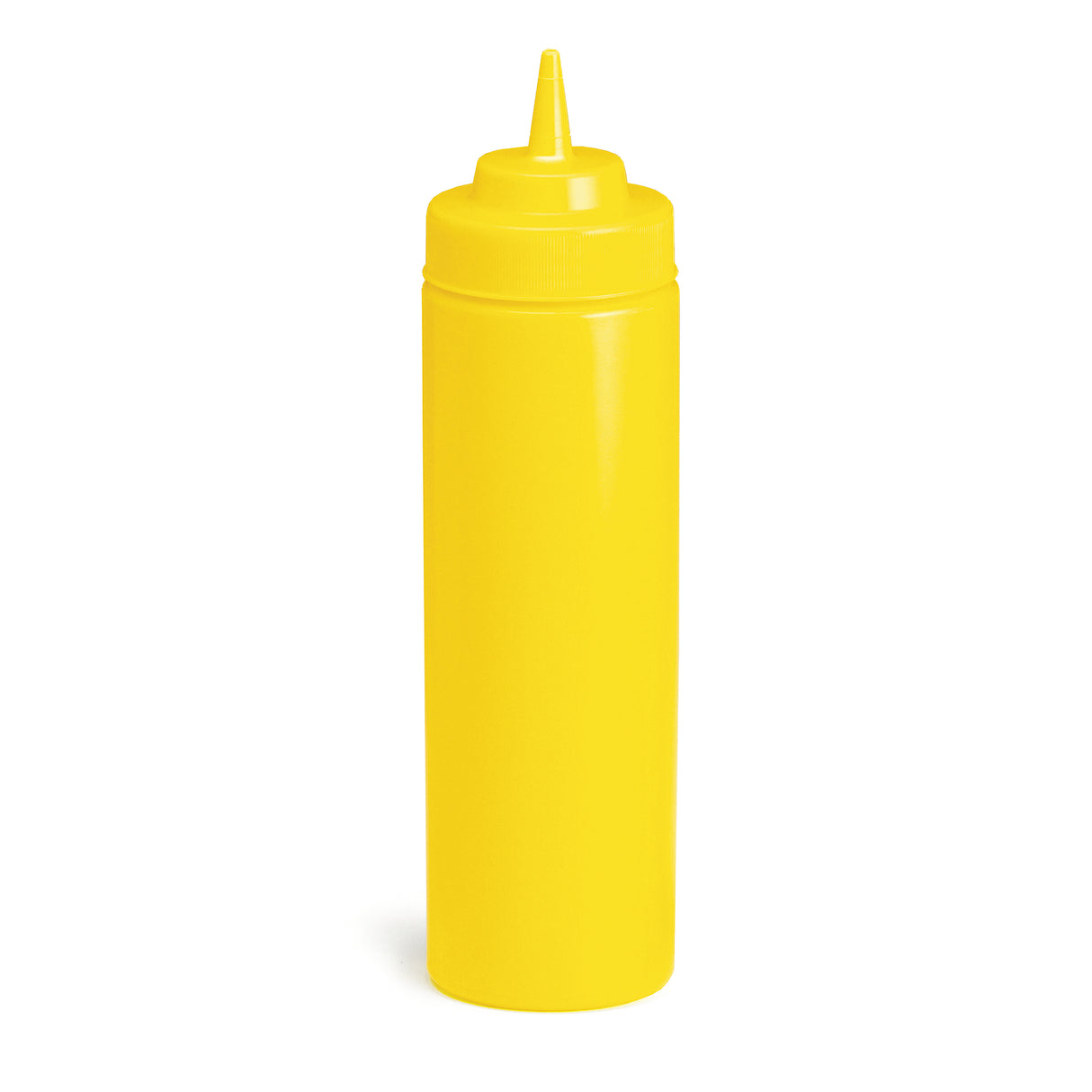 A bright yellow, 24 oz squeeze bottle with a narrow pointed nozzle and a screw-on cap, commonly used for dispensing condiments like mustard. The mustard bottle stands upright against a plain white background.