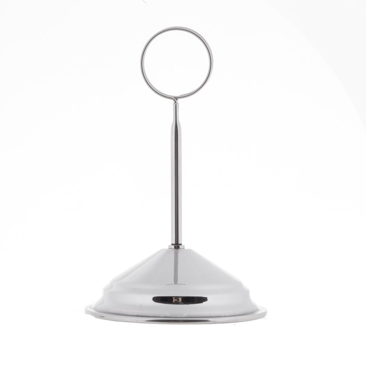 A stainless steel number stand by TableCraft, featuring a shiny conical base and a vertical rod with a circular clip. Photographed against a plain white background, its reflective surface adds sleek elegance to any table setting.