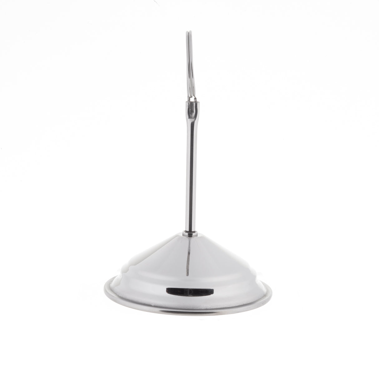 A stainless steel receipt spike with a round, flat base and a single vertical rod ending in a sharp point, photographed against a plain white background. This shiny TableCraft item is typically used for holding receipts or as a number stand.