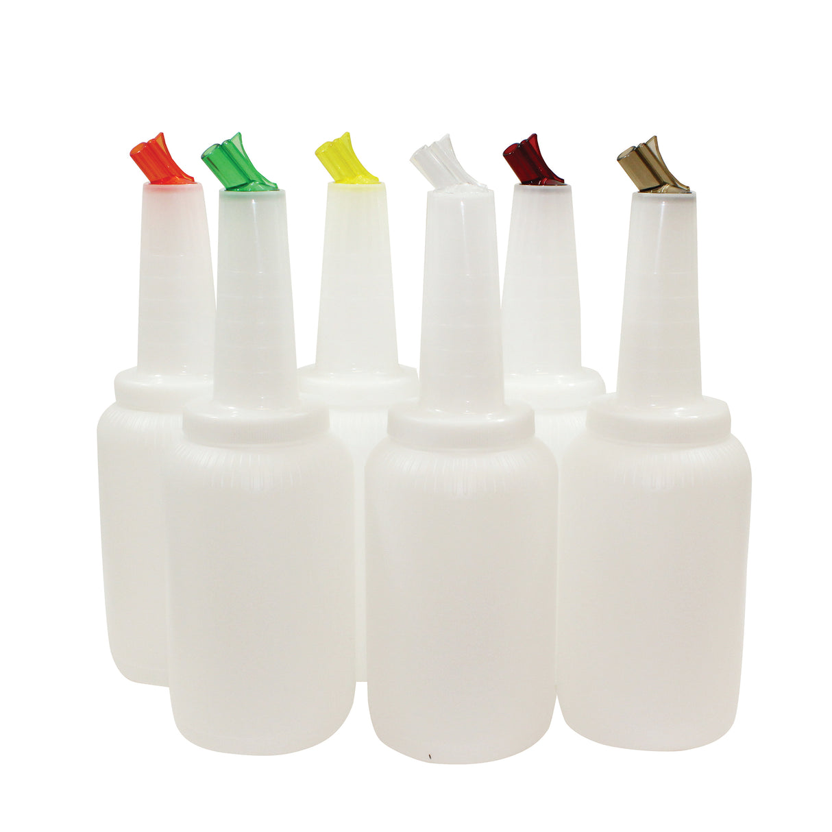 Seven white plastic bottles are arranged in a semi-circle, each with a color-coded cap: red, green, yellow, white, brown, black, and orange. These BPA free PourMaster Complete Unit bottles are clean, unused, and set against a plain white background.