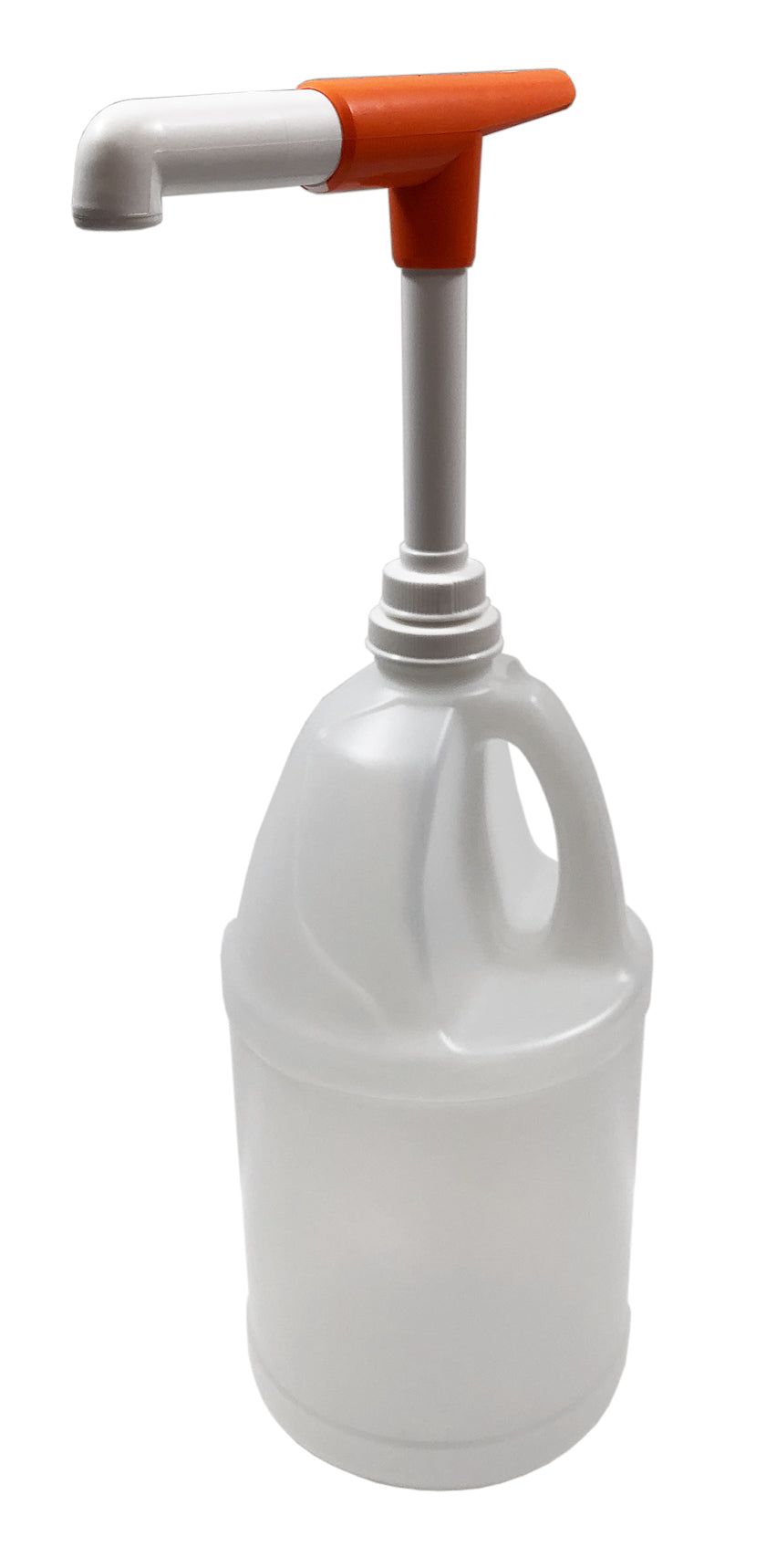 A large, translucent plastic bottle with a wide mouth and a handle, featuring a screw-on orange and white Maxi Pump dispenser on top—designed for dispensing liquids like water or sanitizer. The pump spout extends horizontally from the top.