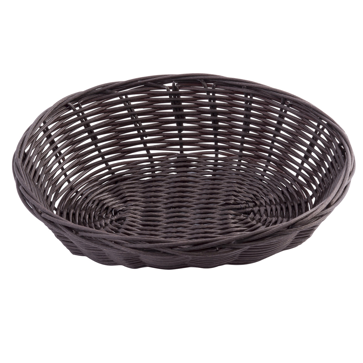 A round, shallow, dark brown hand-woven basket made from polypropylene cord, featuring an open weave pattern on the sides and a tighter weave on the base, shown empty against a white background.