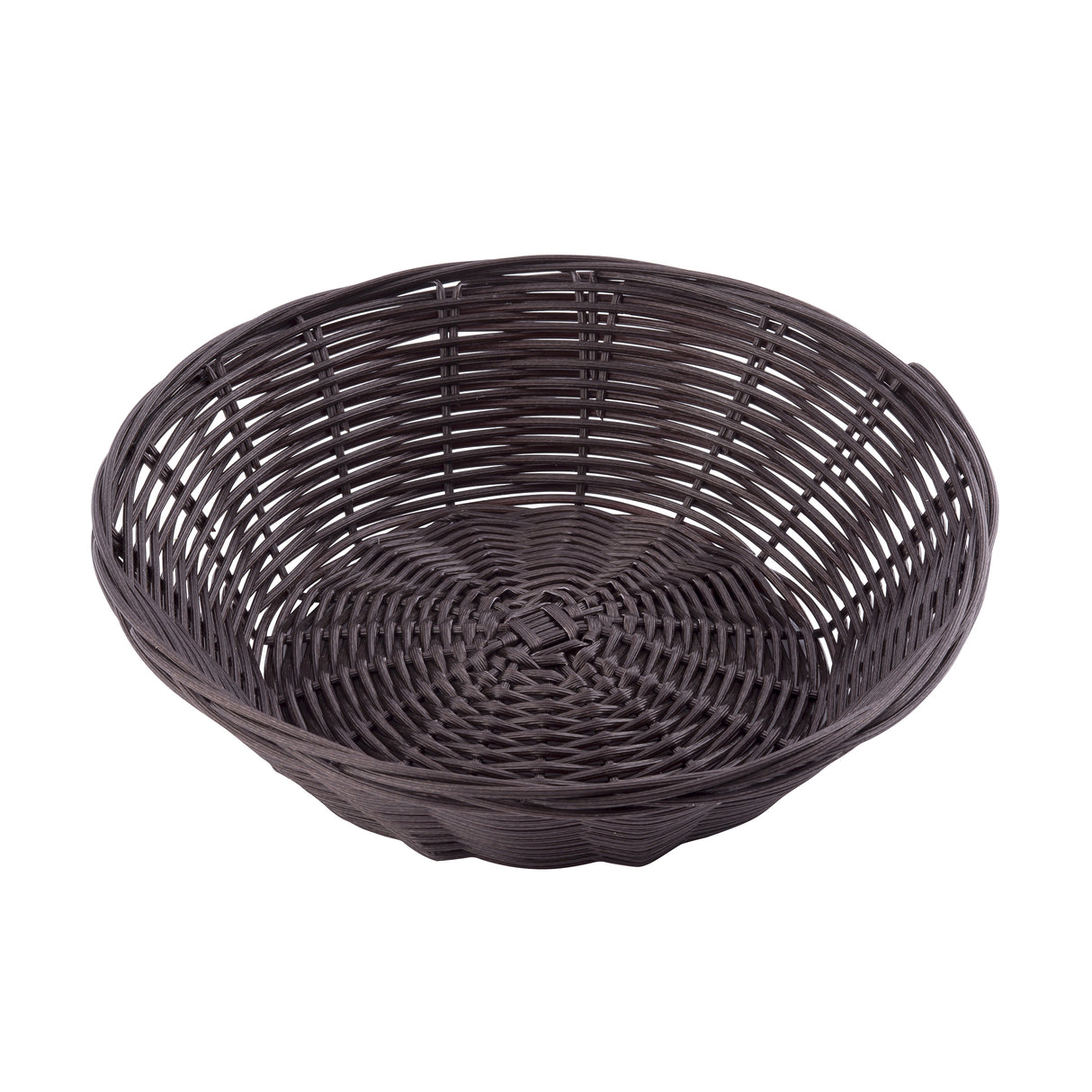A round, empty, dark brown hand-woven wicker basket with a low rim and an open weave pattern is shown on a white background. The basket’s sides curve upward gently from the flat, tightly woven base.