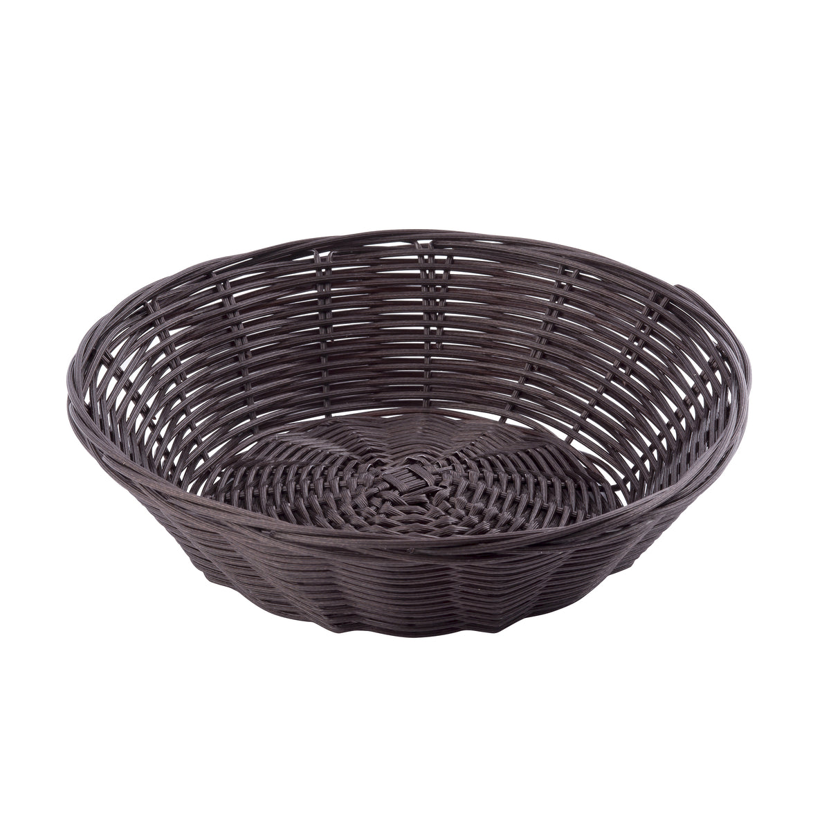A round, shallow, dark brown hand-woven wicker basket with an open-weave pattern on the sides and a tightly woven base sits on a white background. The basket is empty and features a smooth, even rim.