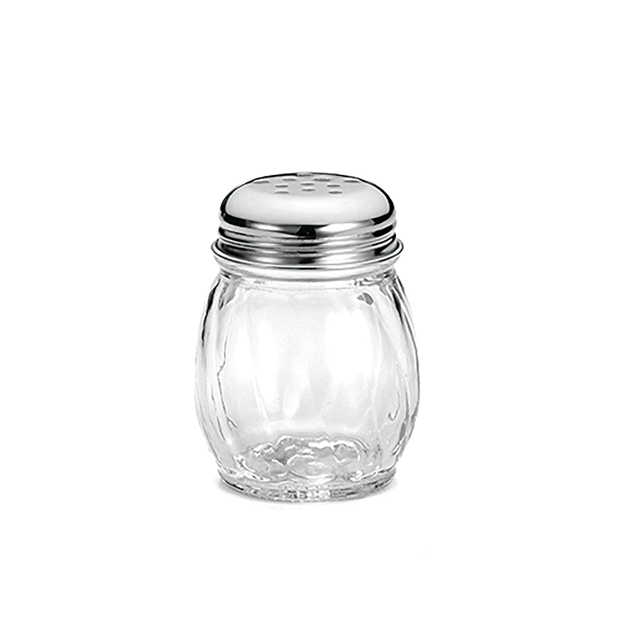 A clear, ribbed glass cheese shaker with a round, silver metal lid featuring small holes, set against a plain white background; the shaker is also dishwasher safe.
