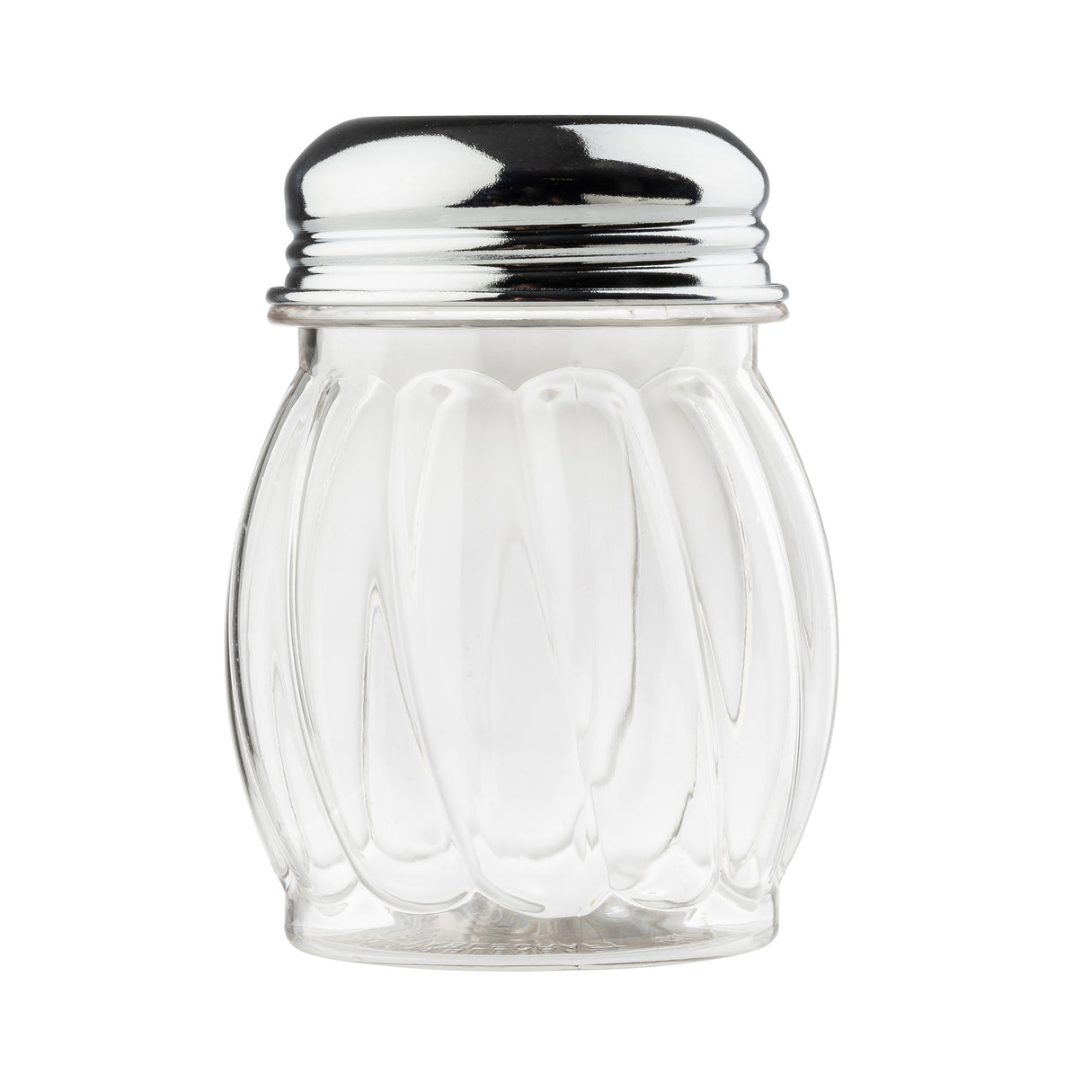A clear glass salt shaker with a swirled, ribbed design and a shiny metal screw-on lid, filled with white salt. The cheese shaker is photographed against a plain white background.