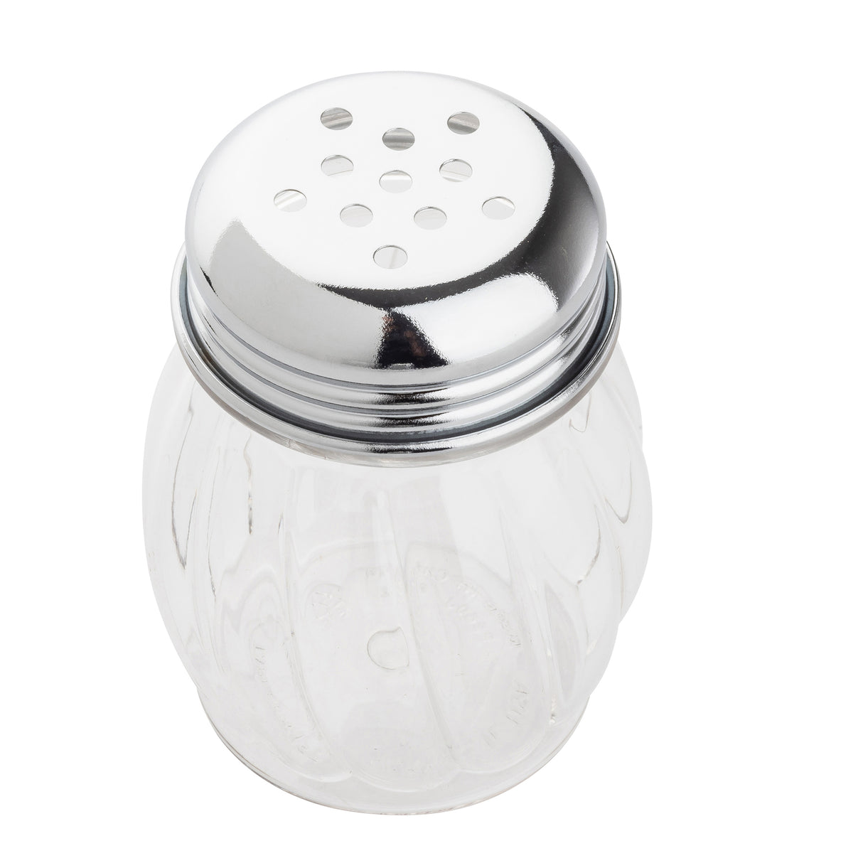 A clear cheese shaker with a swirled glass, ribbed body and a shiny metal lid featuring a perforated top. The shaker is viewed from a slightly elevated angle against a plain white background.