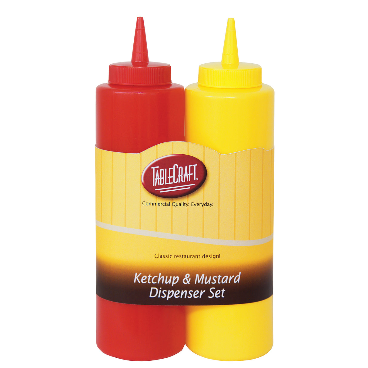 Two plastic condiment squeeze bottles—one red for ketchup and one yellow for mustard—stand side by side. This TABLECRAFT Ketchup & Mustard Dispenser Set is dishwasher safe, making cleanup easy after every use.