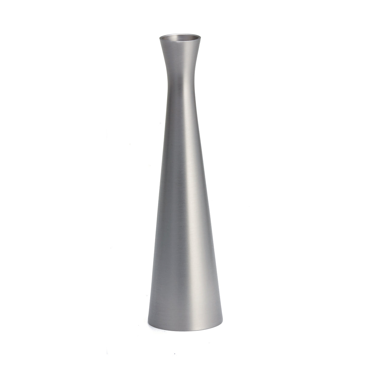 A sleek, modern flower vase crafted from zinc alloy with a brushed silver finish. Tall, narrow, and conical, it flares at the top and tapers to a wide base. Its minimalist elegance stands out against a plain white background.