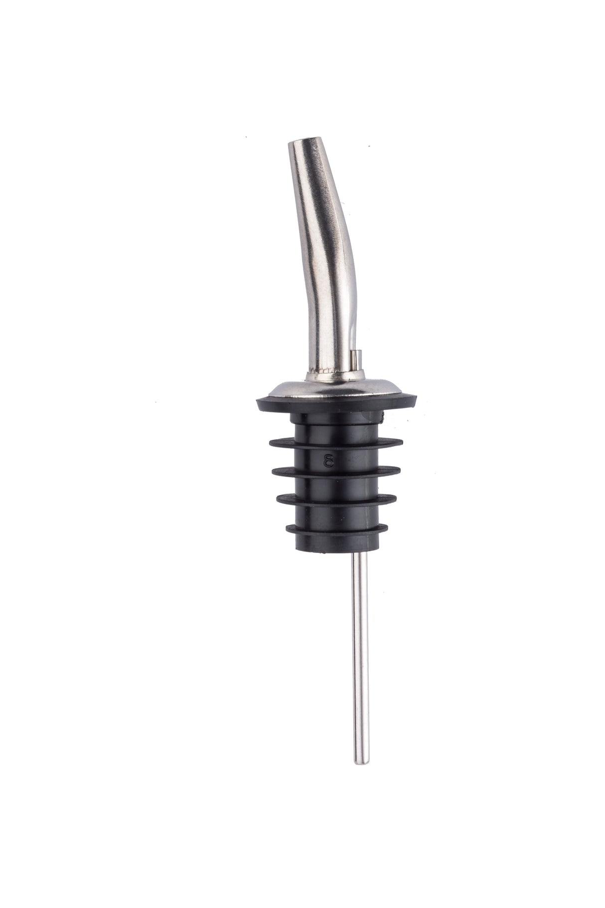 A chrome plated, metal and black plastic Free Flow Speed Pourer with a tapered spout, ribbed BPA free stopper, and a long tube for inserting into a bottle neck, shown upright against a white background.