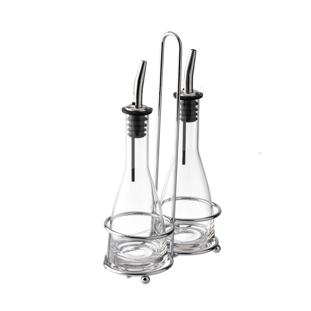 Two clear glass bottles with stainless steel pourers sit in a round metal holder, attached to a sleek frame with a handle. This minimalist oil and vinegar set is empty, showcasing its modern design and practical elegance.