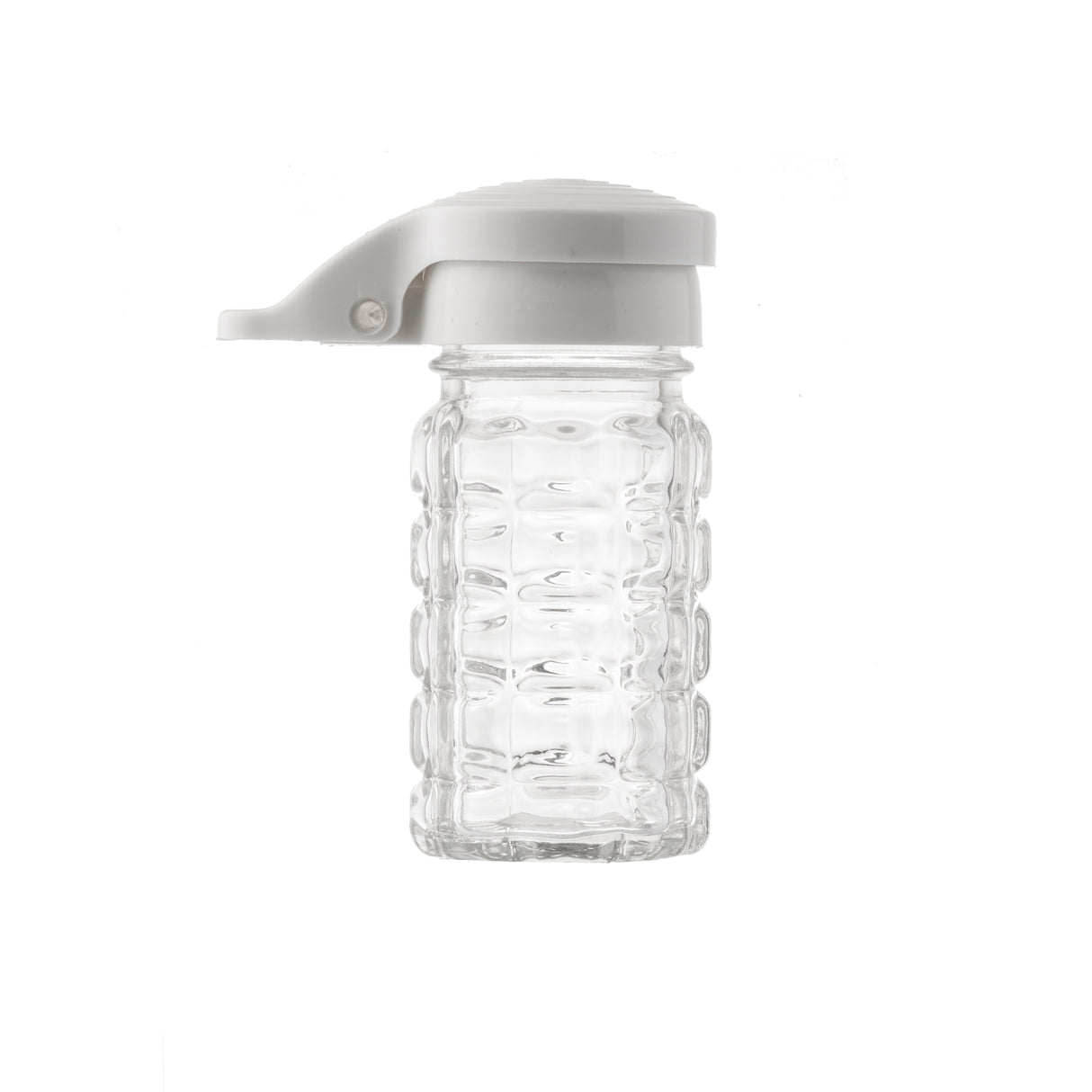 A clear glass salt/pepper shaker with a textured, bubble-like pattern and a white plastic flip-top lid is shown standing upright against a plain white background. This stylish design is also dishwasher safe for easy cleaning.