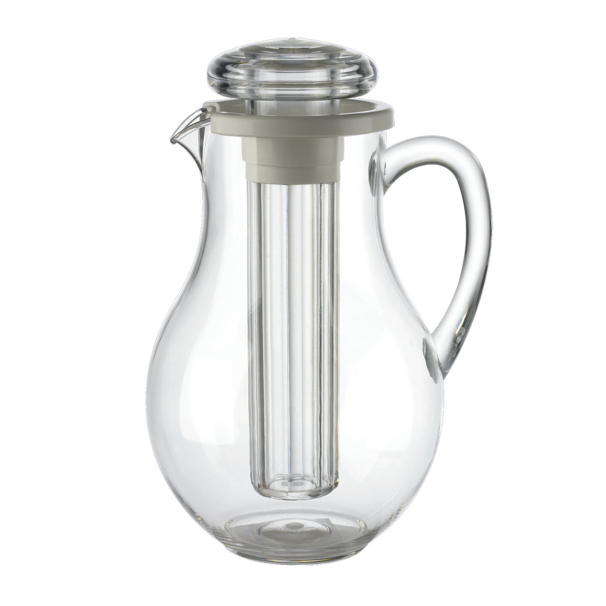 A modern and elegant Center Ice Core Pitcher, crafted from clear glass with a curved handle and wide base, features a removable cylindrical insert for infusing or chilling drinks. This dishwasher safe pitcher is perfect for stylish entertaining.